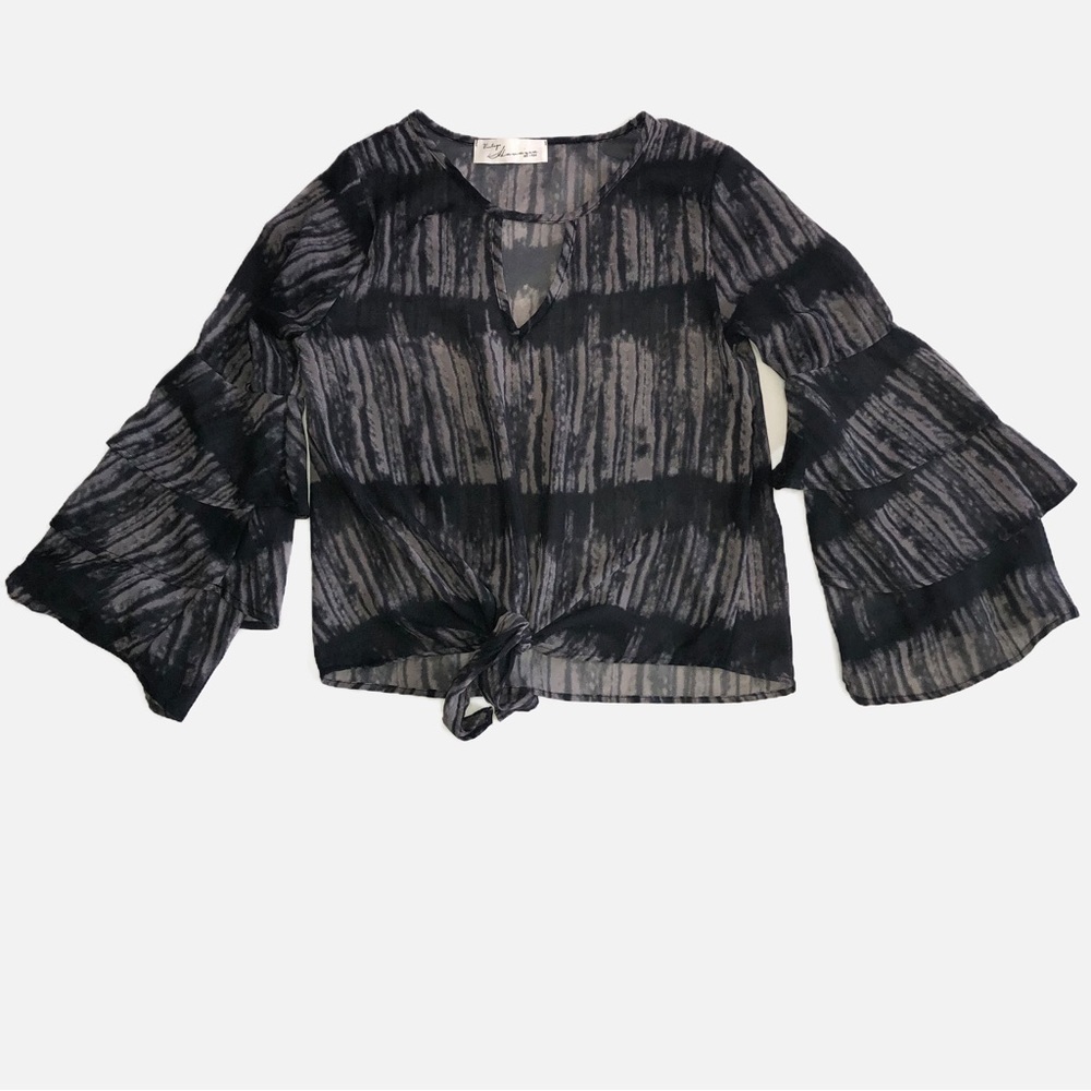 Vintage Havana Ruffle Sleeve Knot Front Sheer Top Blouse Medium Tie Dyed Keyhole